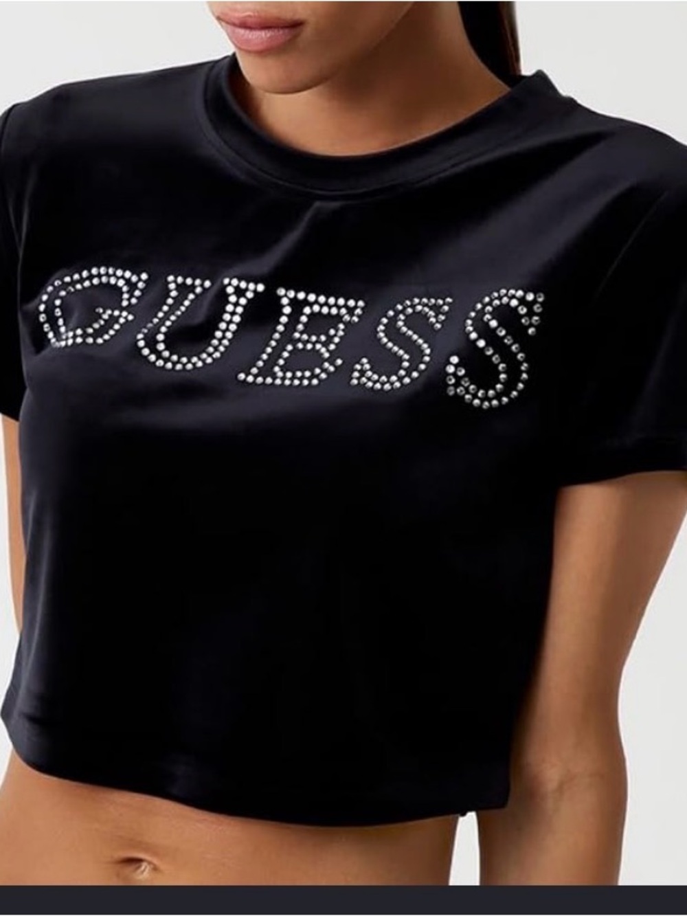 Guess black velvet rhinestones front logo short sleeves cropped t-shirt size L